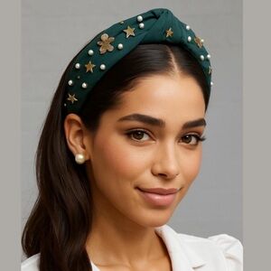 Lele Sadoughi Forest Green Angel Bell Embellished Knotted Headband NWT Authentic